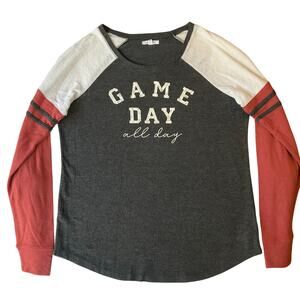 Maurices Women T-shirt size M Long Sleeve Screw Neck Game Day All Day Gray & Red